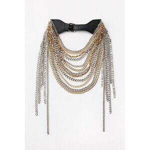 Zara Gold Silver Multi Chain Heavy Black Faux Leather Belt NWTs 4736/314/808